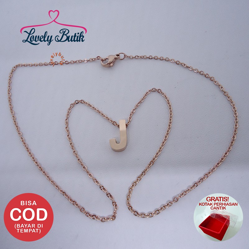 Lovelybutik - Accent Kalung Huruf Titanium Anti Karat Inisial J Uk 44 cm Warna Rosegold BONUS KOTAK