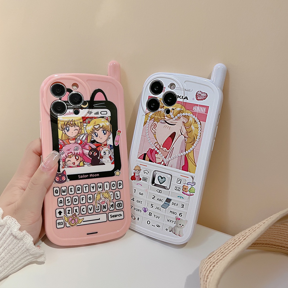 IPHONE Gadis Musim Panas Kartun Vintage Ponsel Berbentuk Soft Phone Case Cover Untuk Iphone11 12 13 14 PLUS PRO MAX Perlindungan Penuh