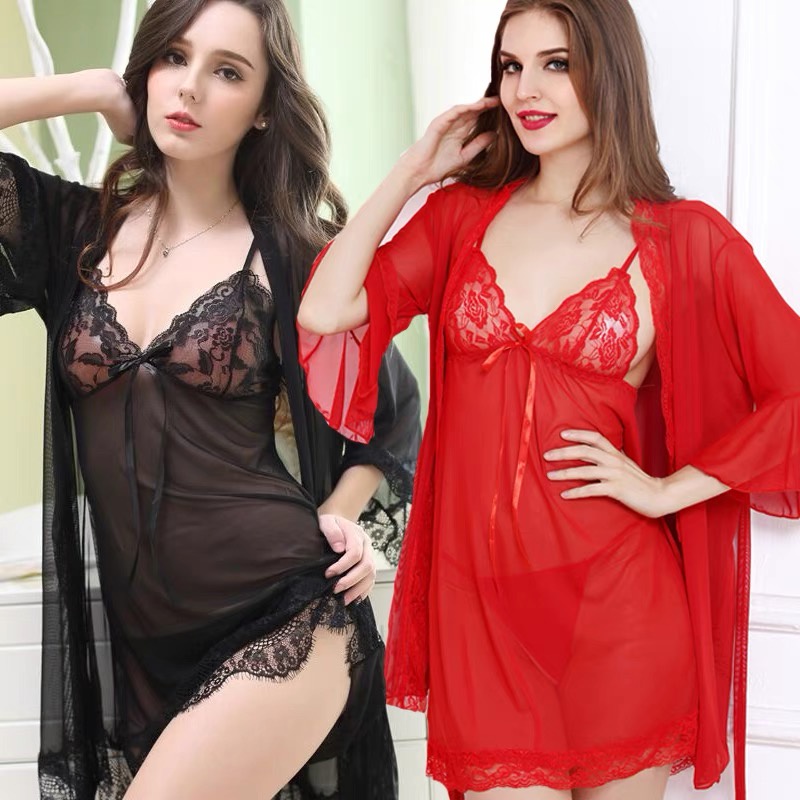 (COD) Baju tidur Sexy Lingerie Wanita Set Renda kimono&amp;dress Ukuran Besar 3A253