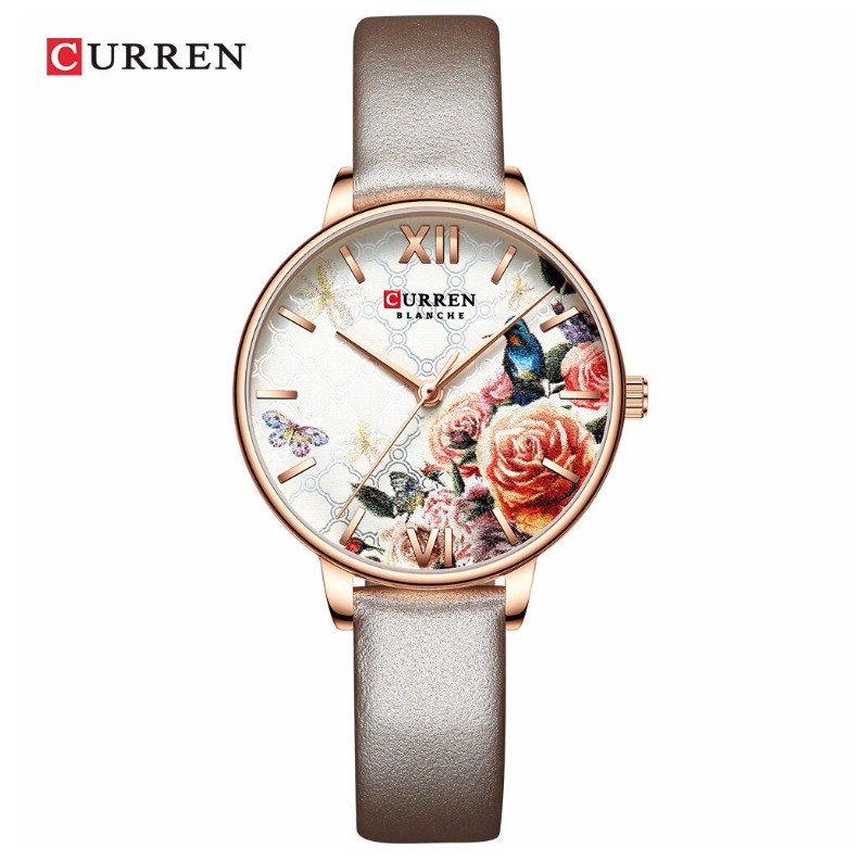 Jam Tangan Wanita Curren Flower Dial 9060L Tali Kulit &amp; Tali Pasir Original