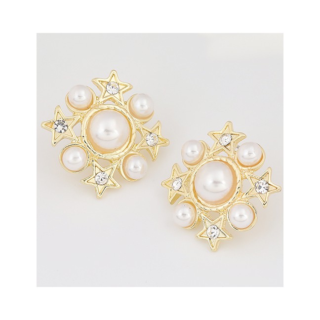 LRC Anting Tusuk Fashion Golden Alloy Diamond Imitation Pearl Star P75614