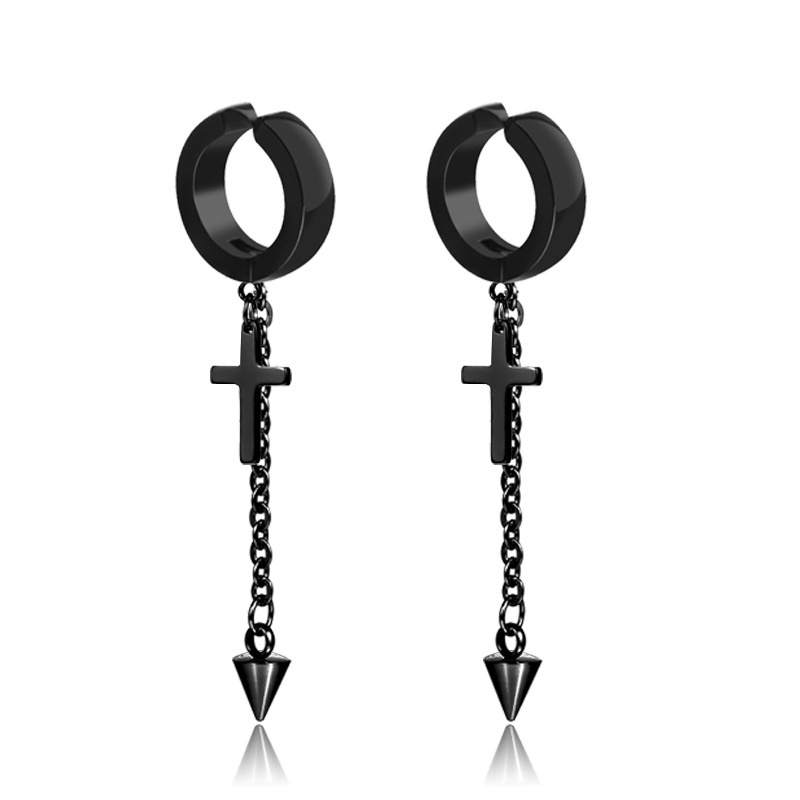 One Piece Versi Korea Punk Cross Rumbai Anting-Anting Tren Pria Stainless Steel Klip Telinga Hitam Street Gothic Anting-Anting