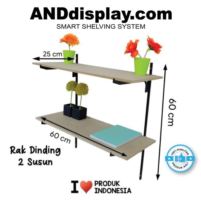 Rak Dinding 2 Susun Tiang Bracket Besi Dekorasi Buku Pajangan Kayu