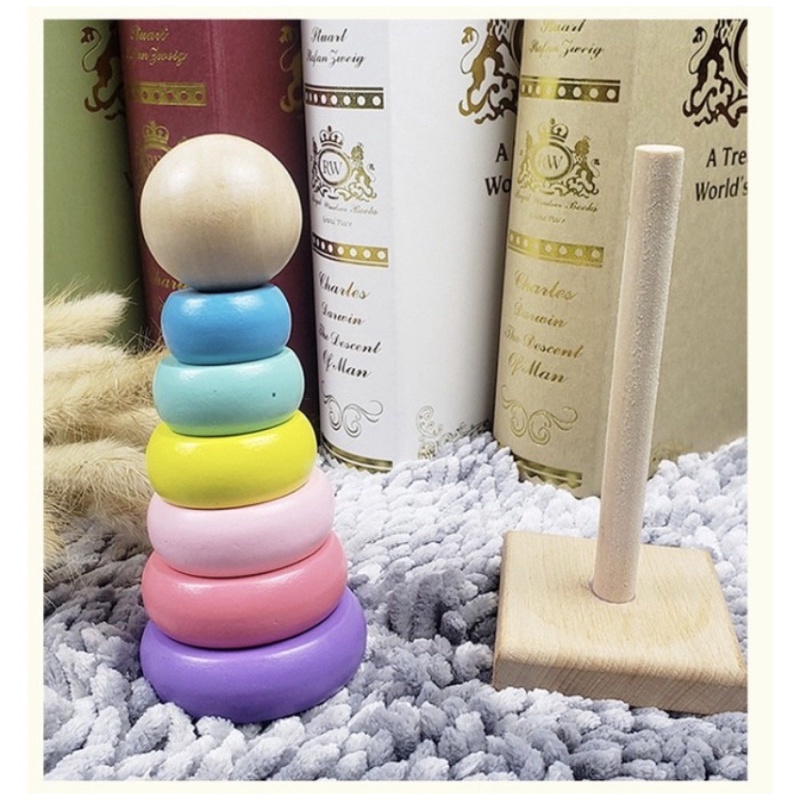 Colorful Wooden Stacking Tower - Mainan Edukasi Susun Ring Donat Rainbow