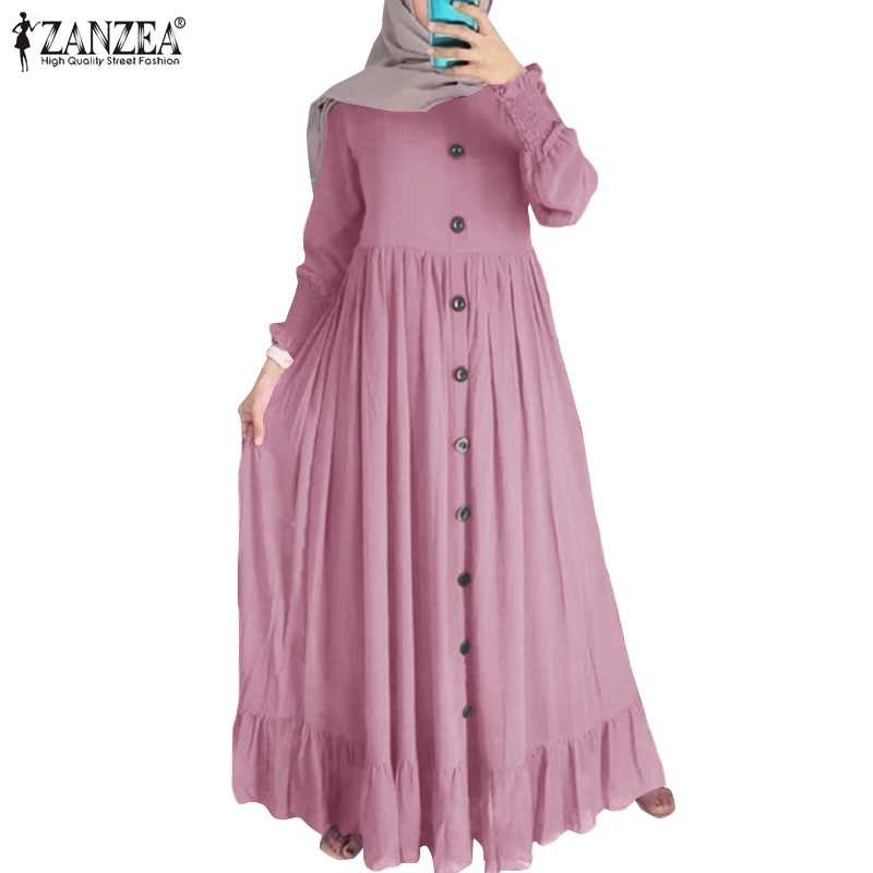 ZAZNEA Women Decorative Button Ruffle Hem Chiffon Puff Sleeve Muslim Maxi Dress