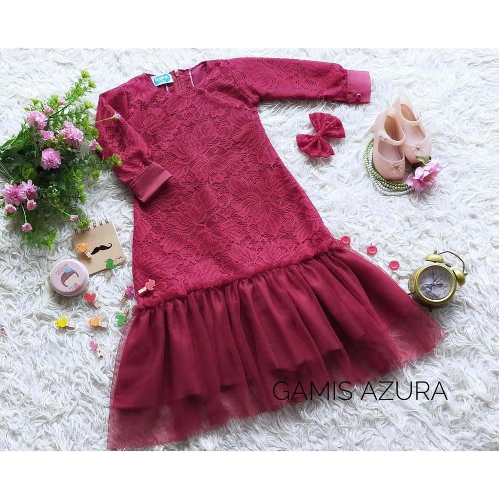 GAMIS AZURA WARNA MAROON / GAMIS ANAK DAN DEWASA / GAMIS BRUKAT KOMBINASI RAMPLE