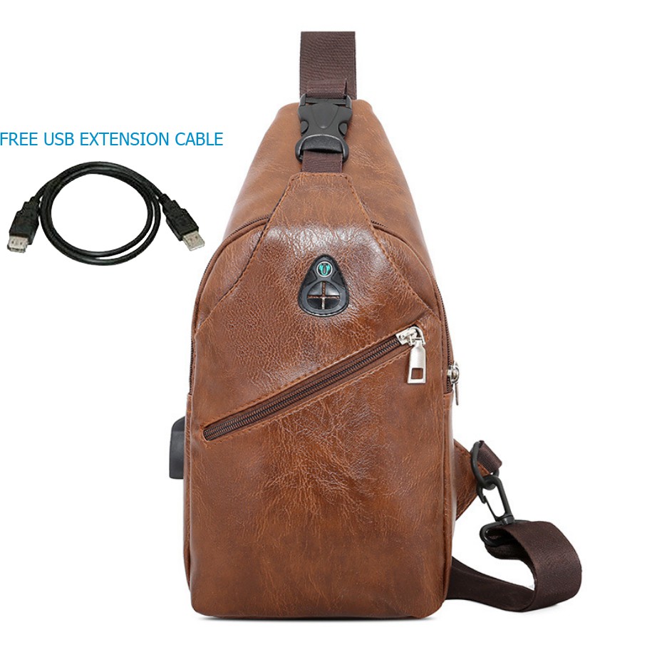 Tas Selempang Kulit Sling Bag Leather Pria + USB Port + Headset Hole