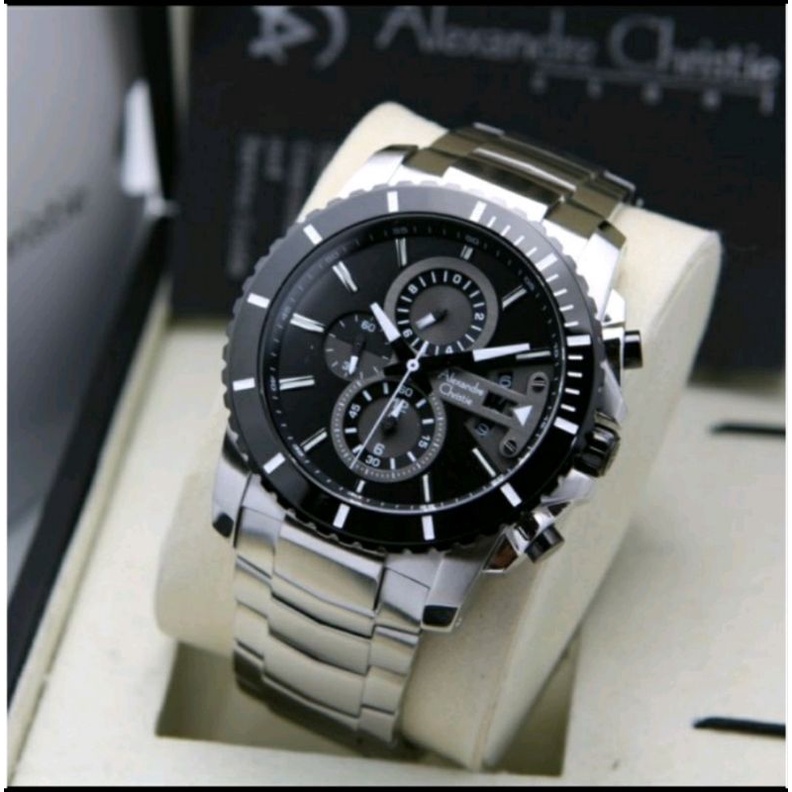 ORIGINAL GARANSI RESMI JAM TANGAN PRIA ALEXANDRE CHRISTIE SILVER BLACK RANTAI STAINLESS STEEL ARLOJI