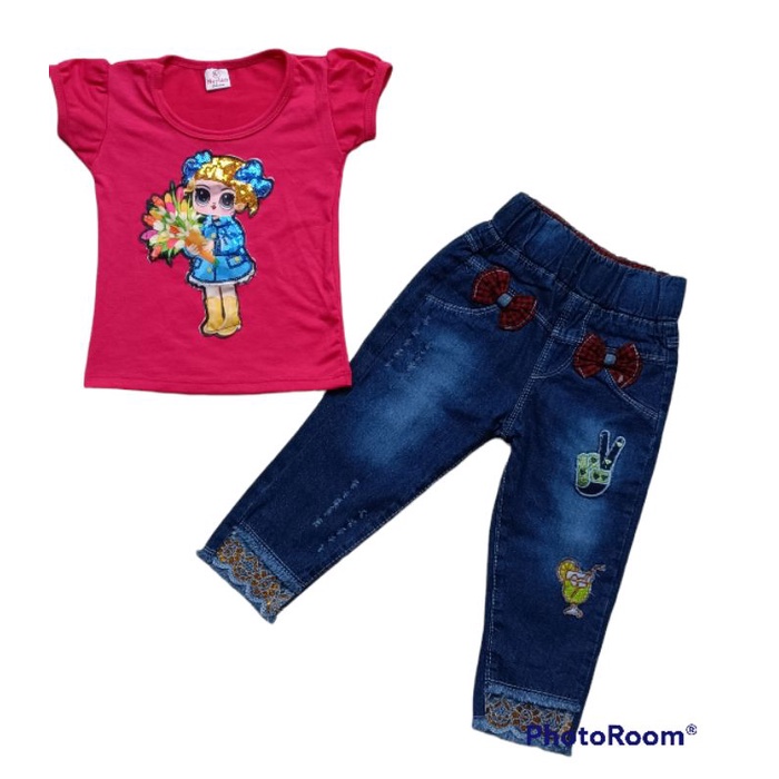 stelan anak perempuan motif kartun lucu lucu Random stelan kaos &amp; jeans anak atasan bawahan anak anak mutah