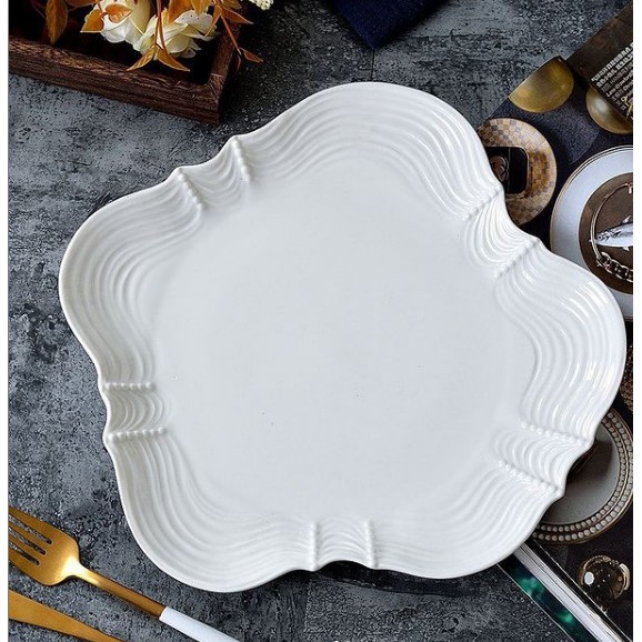 PIRING KERAMIK UNIK BENTUK GELOMBANG WARNA PUTIH POLOS/PIRING SAJI