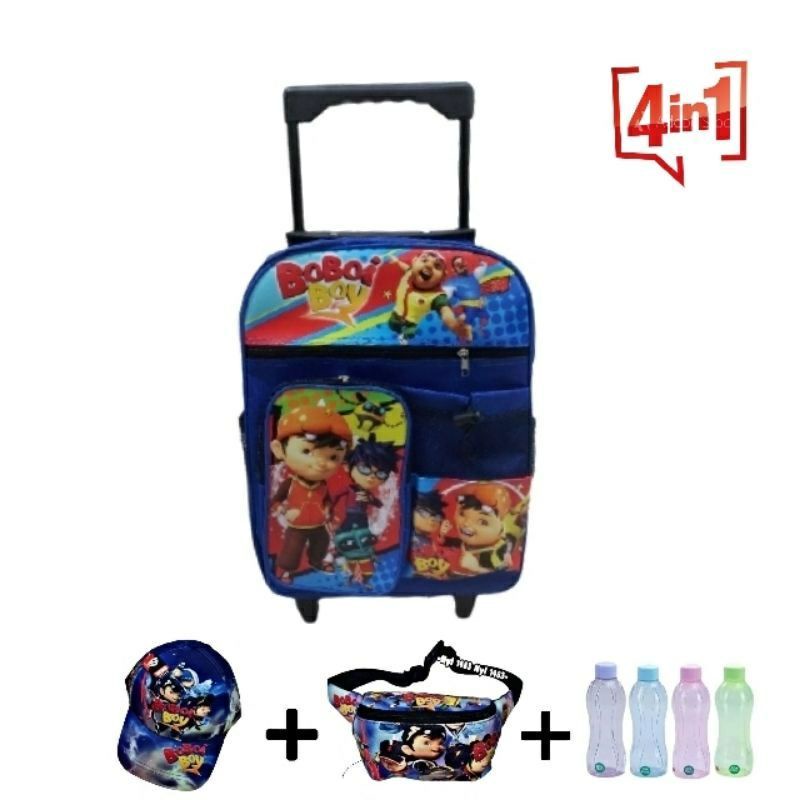 Paket Hemat 3 in1 Tas Ransel Troli Boboiboy Free Botol Minum/ Tas Waistbag Dan Topi Boboiboy/Tas Ransel TRoli Dorong Sekolah TK-SD