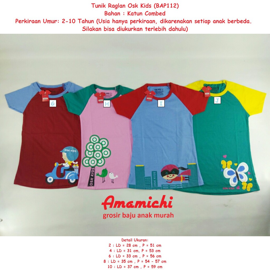 GROSIR Kaos Anak Tunik Raglan Osk Kids Cewek Perempuan Umur 2 10