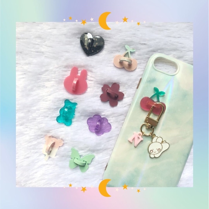 (+Tape) Resin Akrilik Phone Hook Keyring Holder Gantungan HP Heart Bunga Strap Keychain Handphone