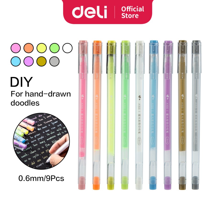 Pulpen Gel Colorful 0.6mm 9pcs/pack Warna-Warni - Deli A166