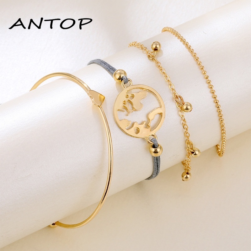 4Pcs Fashion Emas Cinta Pembukaan Vintage Gelang Set Wanita Perhiasan Aksesoris ANTOP