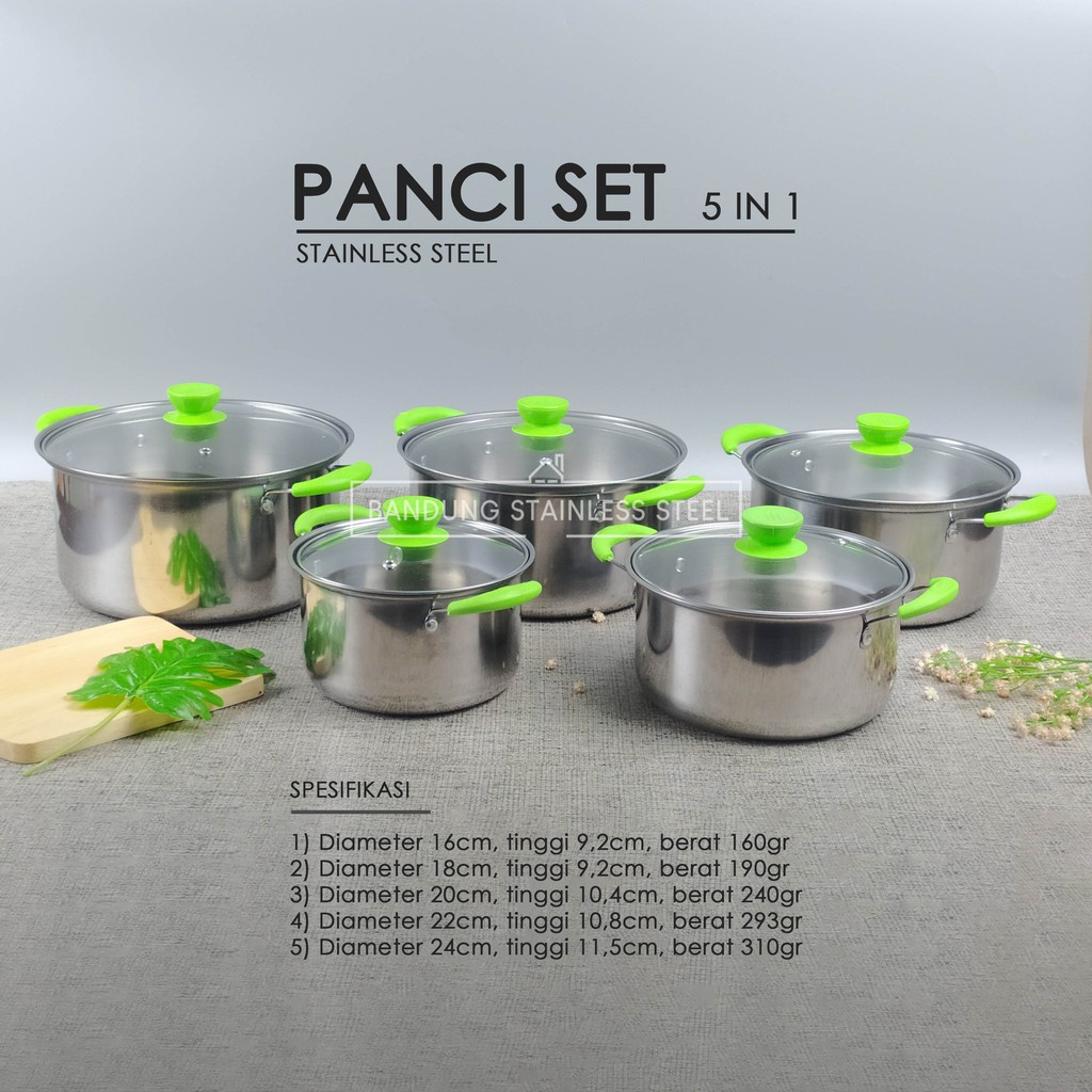 Panci sup soup pot set 5in1 stainless steel tutup kaca cantik pegangan hijau murah serbaguna