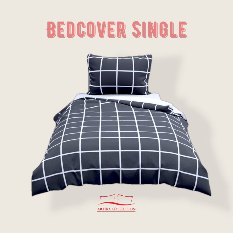 Bedcover Set Single Minimalis Estetik 90x200 100x200 120x200 Two Tone Kombinasi Kotak-kotak Black Square Bahan Polymicro Disperse