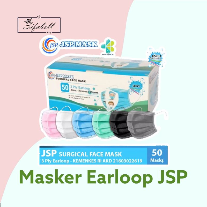 Masker Medis Earloop JSP 3 ply Surgical Face Mask Isi 50 Pcs