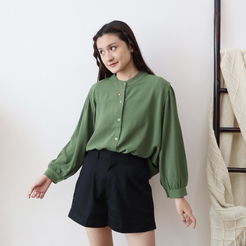 MSMO River Blouse Oneck Longsleeve / Blouse Wanita / Kemeja Kantor / Kemeja Crinkle / Kemeja Lengan Panjang-Green