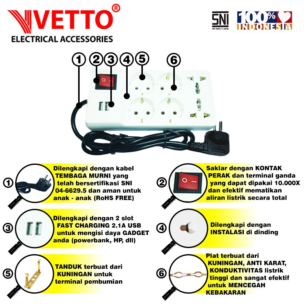 VETTO V8206 R7 Stop Kontak 7 Lubang Switch + Universal dan USB - 3 Meter