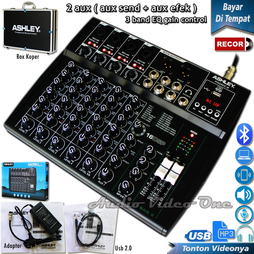 Mixer Ashley Phonic 6 Bluetooth AUX1 AUX2/FX Free Kabel Usb 2.0 Dan Box Koper Mikser Audio 6 Chanel 