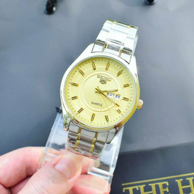 Jam Seiko Pria rantai silver list gold + free gelang (model random) + tanggal &amp; hari aktif