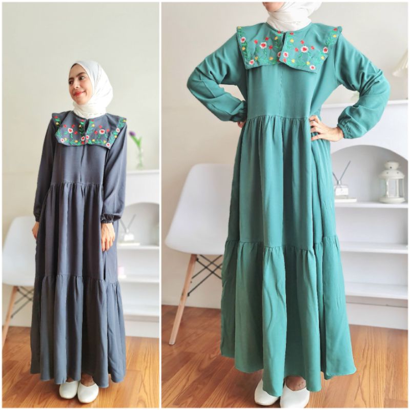Gamis Crinkle Midi Kerah Bordir