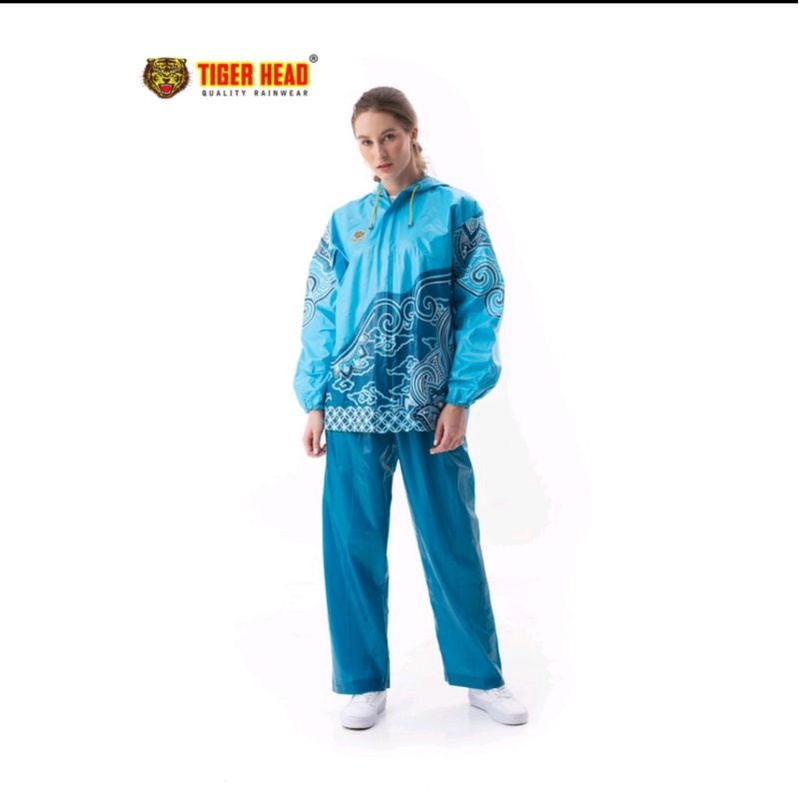 Jas Hujan Wanita Pria Dewasa Jaket Celana Stelan Motif Batik Indonesia Merk Tiger Head ( Baju + Celana )