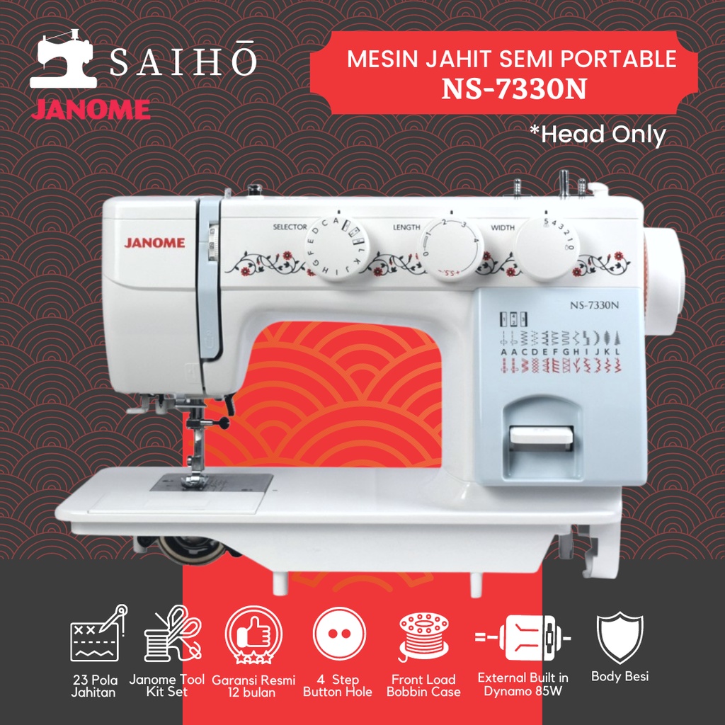 JANOME NS 7330N - Mesin Jahit Semi Portabel Bodi Besi External Dynamo