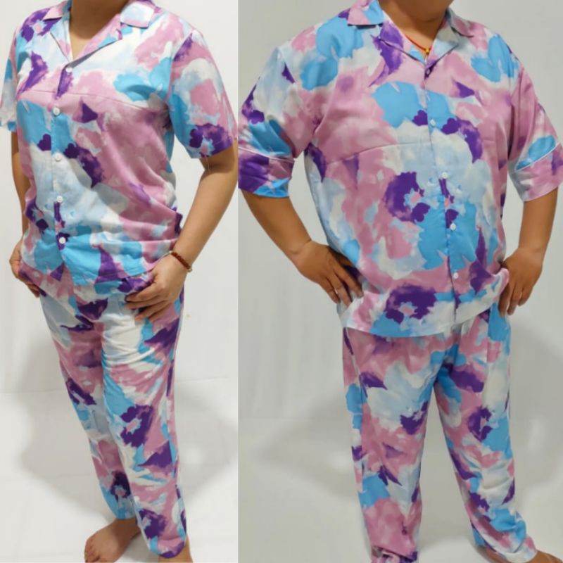 PIAMA TIE DYE RAYON JUMBO WANITA SET BAJU TIDUR PIYAMA BIG SIZE STELAN CELANA PANJANG