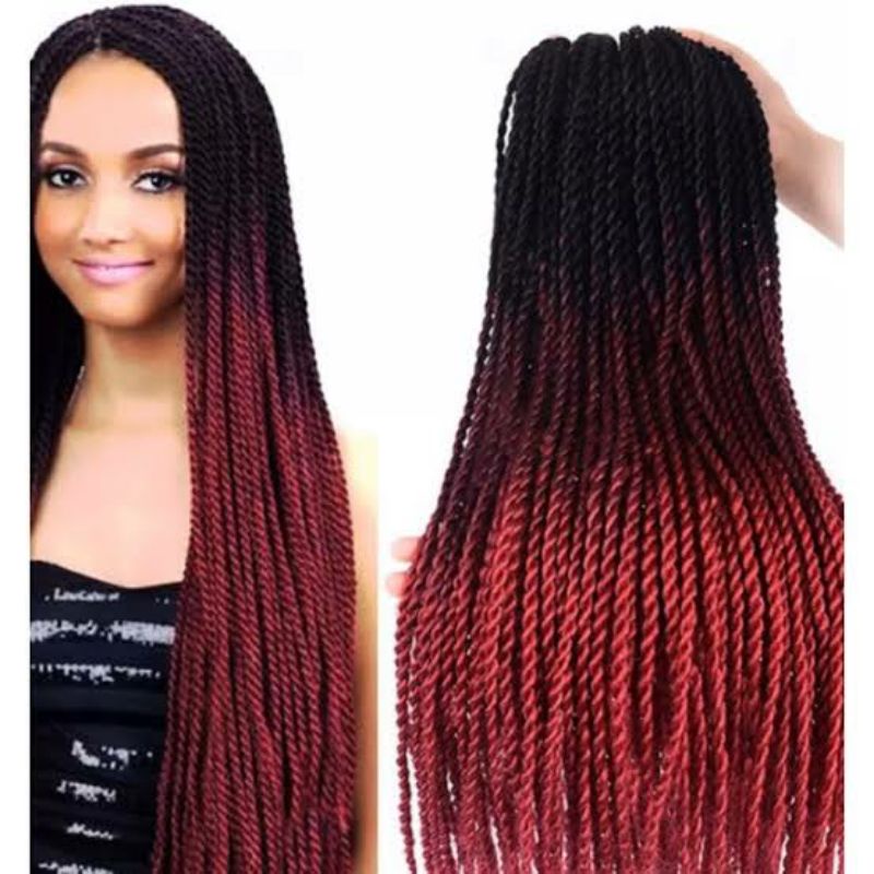 Rambut Kepang Sulam Ulir Ombre 2 Warna,Hitam-Merah Maroon,Ukuran 60 Cm