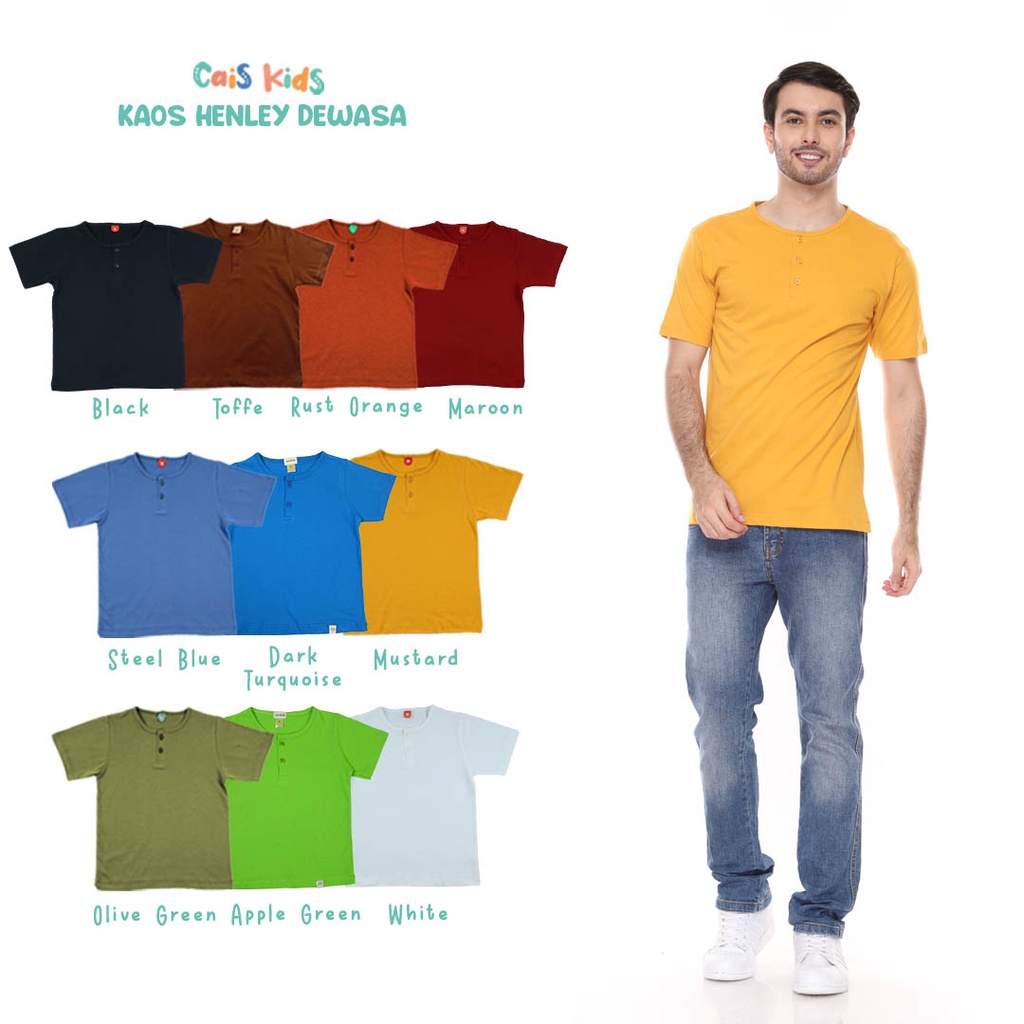 Kaos dewasa henley polos berkancing perempuan laki-laki bahan kaos katun combed 30s