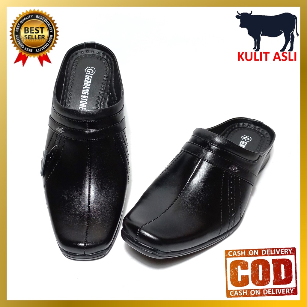 Sepatu Sandal Slop Kulit Asli Pantofel Pria Formal Resmi Kantor Pesta