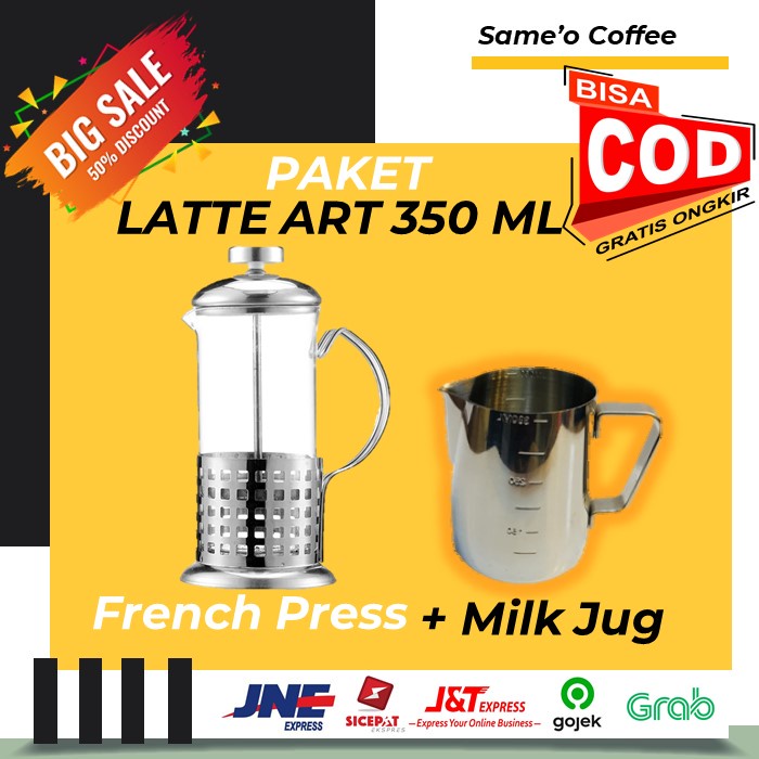 PAKET STAINLESS MILK JUG 350 ml + FRENCH PRESS / COFFEE PRESS DUOLVQI MODEL COFFEE BEAN - LATTE ART