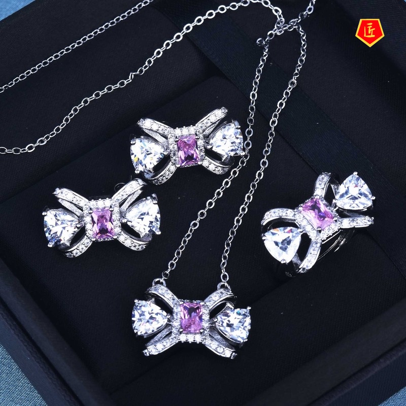 [Ready Stock]Diamond Bow Stud Earrings Elegant Necklace Ring Set