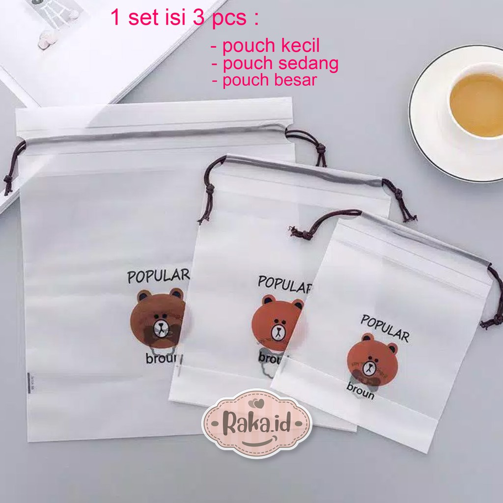 Raka - 1 set isi 3 pcs Pouch Brown Kecil + Sedang + Besar Tas Travel Organizer Bag Kosmetik Makeup