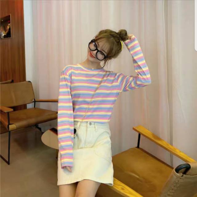 Atasan Wanita Pelangi rainbow Cetak Bergaris Lengan Panjang T-shirt Casual (real pict digeser ya)-2