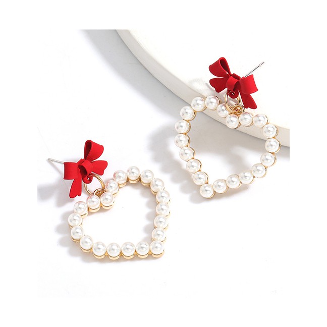 LRC Anting Tusuk Fashion Alloy Painted Bow Love Imitation Pearl Earrings P09252