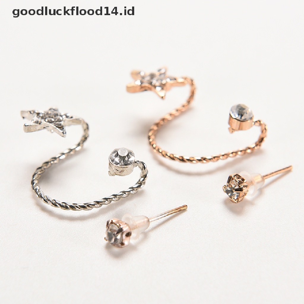 [OOID] Women Fashion Sparkling Crystal Pentagram Ear Clip Trendy Ear Cuffs Stud Earings ID