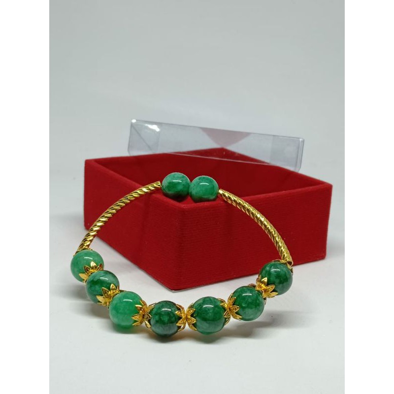 Gelang Giok China Aksen Kembang Emas & Bambu Free Kotak