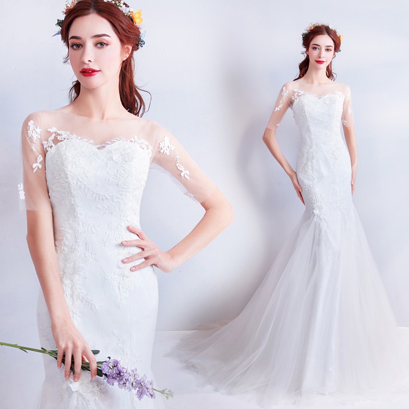 Elegant Slim Fit Mermaid Long Tail Half Sleeve Lace Embroidery Wedding Gown Evening Dress Shopee Indonesia