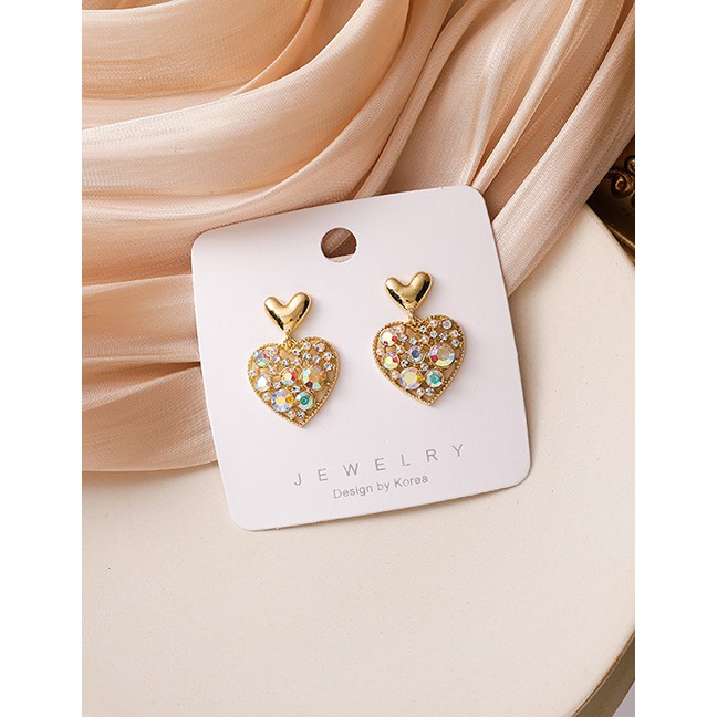 LRC Anting Tusuk Fashion Gold Color Diamond Pearl Love Heart Alloy Hollow P48289