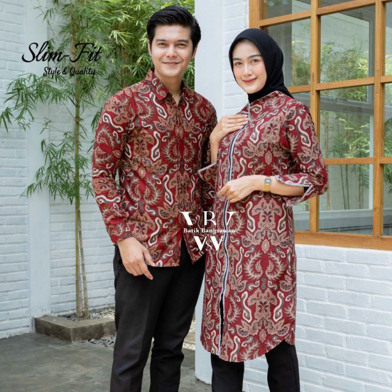 BAJU BATIK SLIMFIT COUPLE PRIA WANITA LENGAN PANJANG MERAH SERIES BATIK OB514 M L XL XXL 3L 4L Jumbo Batik Premium Soloan BATI JUMBO SLIM FIT