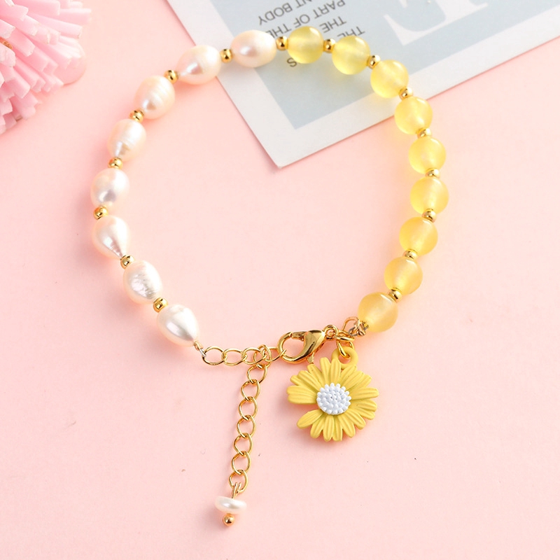 XiaoboACC Gelang Manik-Manik Mutiara Kristal Bunga Daisy Gaya Korea