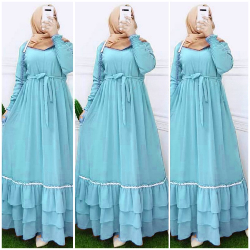 amelia maxi ceruty bebydoll renda susun /gamis syarii ceruty bebydoll motif/ gamis  fashion muslim terbaru