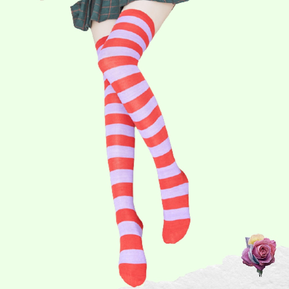 Kaos Kaki Wanita Over Knee Socks Kaos Kaki Sepaha Motif Belang-Belang Kaos Kaki Panjang-Red X Purple