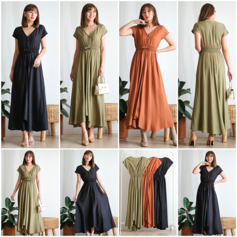 ⚡️CLEARANCE SALE ♡ PREMIUM ♡ ORIGINAL ! YULISA VINTAGE V-NECK BUTTON ASYMMETRIC RAMPLE MAXI DRESS ( BUSUI FRIENDLY )