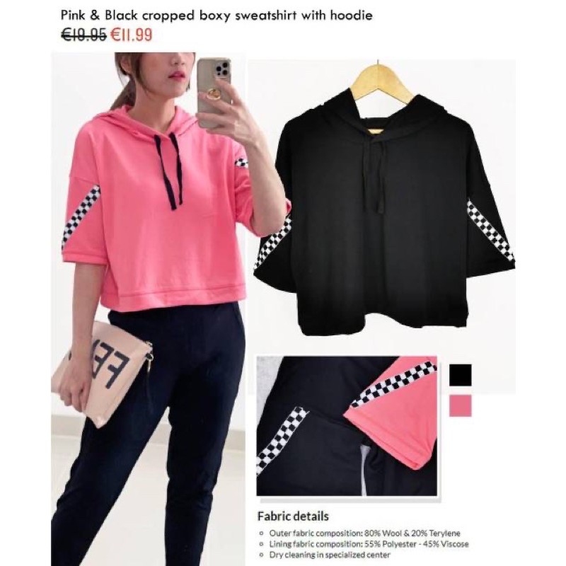 Flirtitude pink&amp;black cropped hoodie