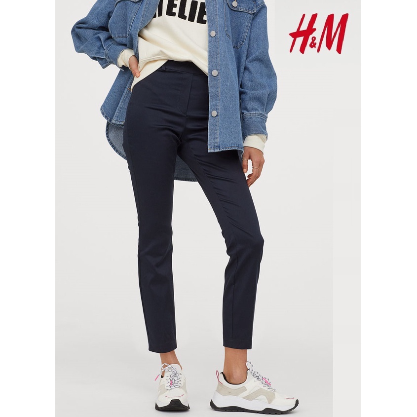 H&amp;M Celana Wanita Super Stretch Ankle-Length Pinggang Karet Navy Khaki Green Original Trousers Slacks