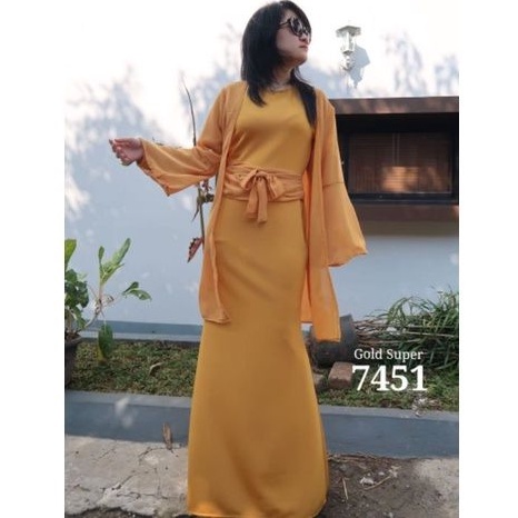 7451 Gamis Longdress Scuba Titanium Free Cardigan Obi Bisa Dilepas Ceruty Gaun Muslim Terompet 700g